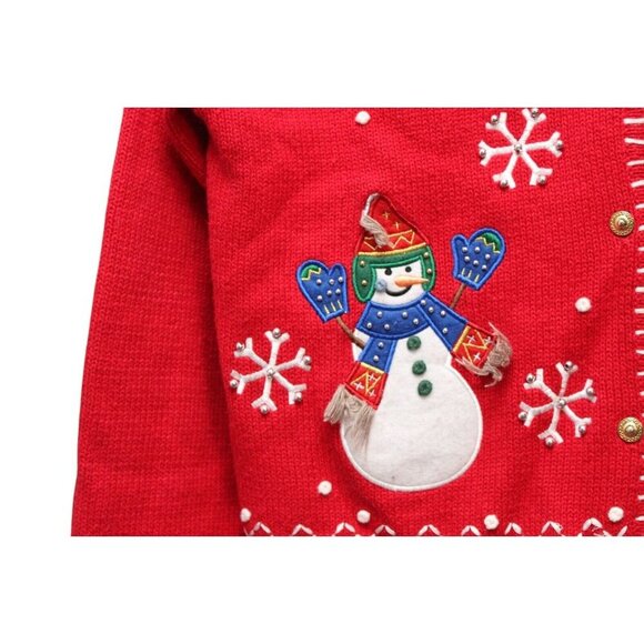 Vintage 90s Cardigan Sweater Small Petite Colorful Snowman Holiday Winter Ramie - Picture 4 of 11
